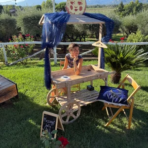 gaia a sedere dietro al carretto di legno con allestimento blu e sfondo colline toscane foto verticale
